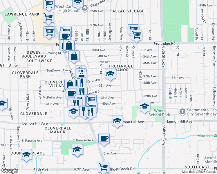 map of restaurants, bars, coffee shops, grocery stores, and more near 6000 38th Avenue in Sacramento