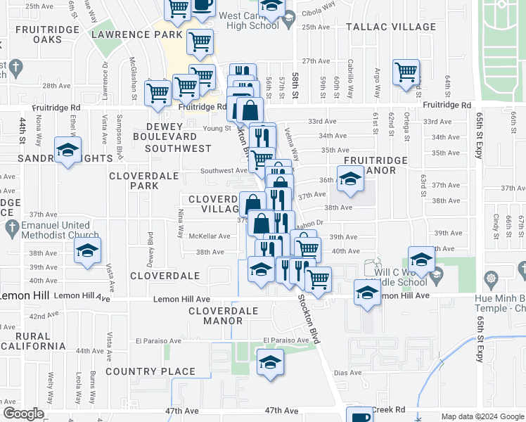 map of restaurants, bars, coffee shops, grocery stores, and more near 5885 Stockton Boulevard in Sacramento