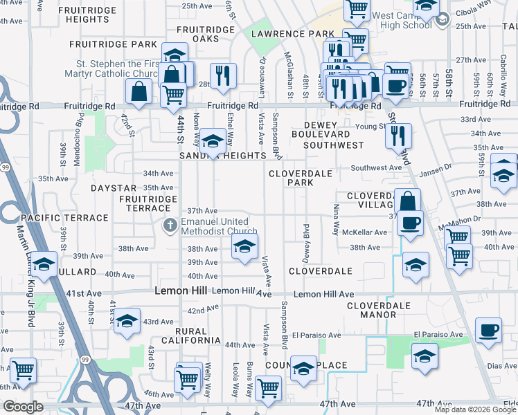 map of restaurants, bars, coffee shops, grocery stores, and more near 5842 Vista Avenue in Sacramento