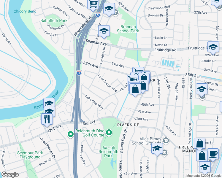 map of restaurants, bars, coffee shops, grocery stores, and more near 1164 Rosa Del Rio Way in Sacramento