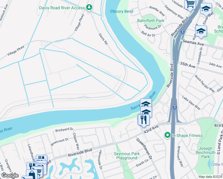 map of restaurants, bars, coffee shops, grocery stores, and more near 4310 South River Road in West Sacramento