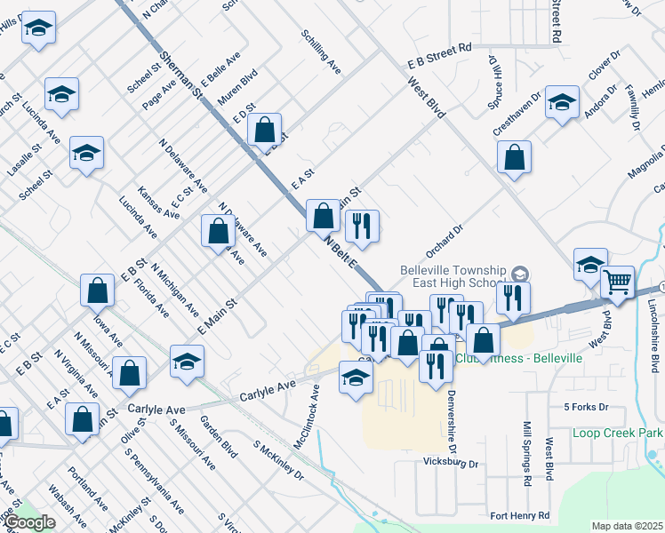map of restaurants, bars, coffee shops, grocery stores, and more near 52 Orchard View Court in Belleville