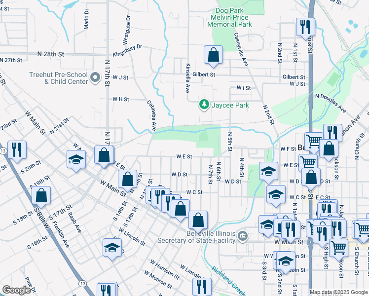 map of restaurants, bars, coffee shops, grocery stores, and more near 1021 West E Street in Belleville
