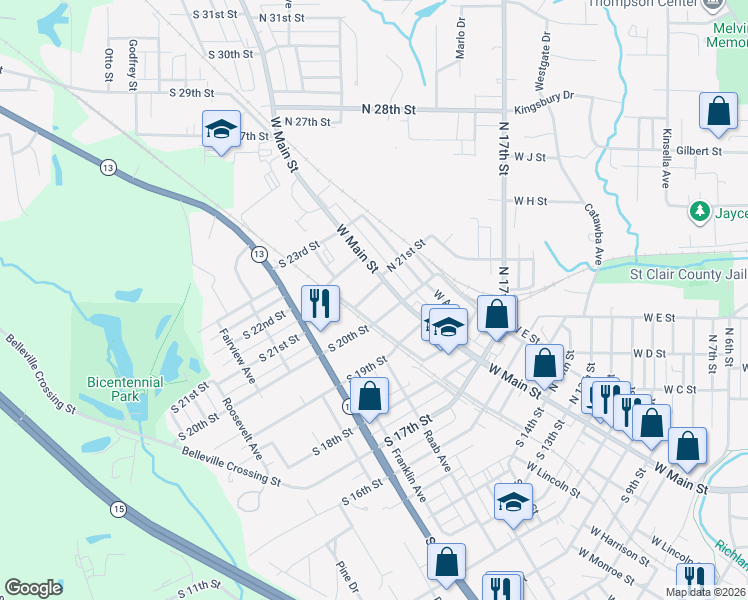 map of restaurants, bars, coffee shops, grocery stores, and more near 18 South 21st Street in Belleville