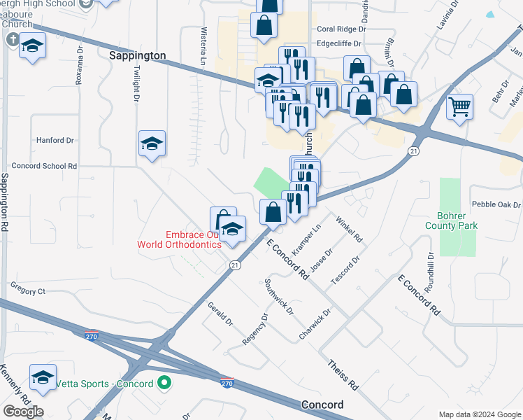 map of restaurants, bars, coffee shops, grocery stores, and more near 10043 Sakura Drive in St. Louis
