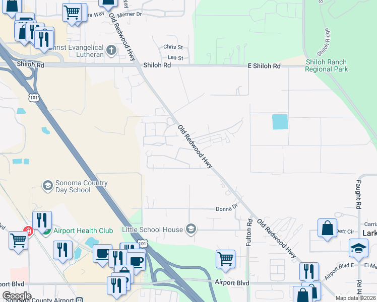 map of restaurants, bars, coffee shops, grocery stores, and more near 46 Plymouth Way in Santa Rosa