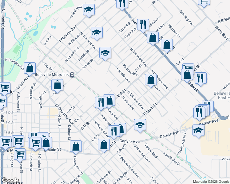 map of restaurants, bars, coffee shops, grocery stores, and more near 212 Florida Avenue in Belleville