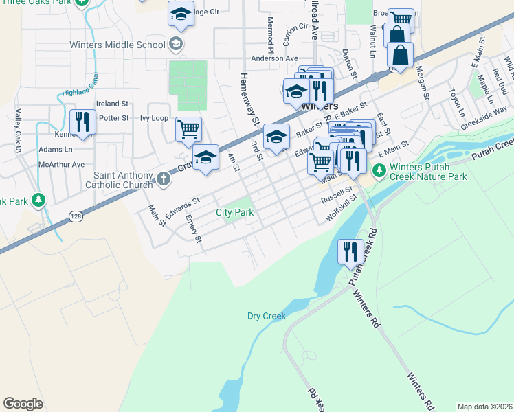 map of restaurants, bars, coffee shops, grocery stores, and more near 306 Main Street in Winters