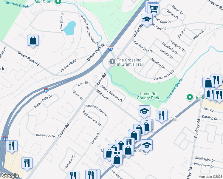 map of restaurants, bars, coffee shops, grocery stores, and more near 3973 Rodapa Drive in St. Louis