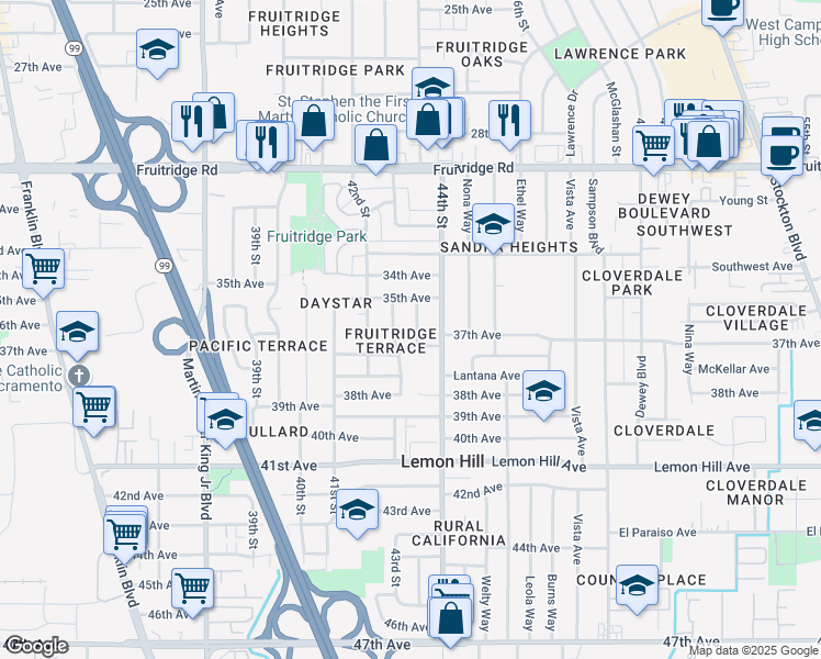 map of restaurants, bars, coffee shops, grocery stores, and more near 5820 43rd Street in Sacramento