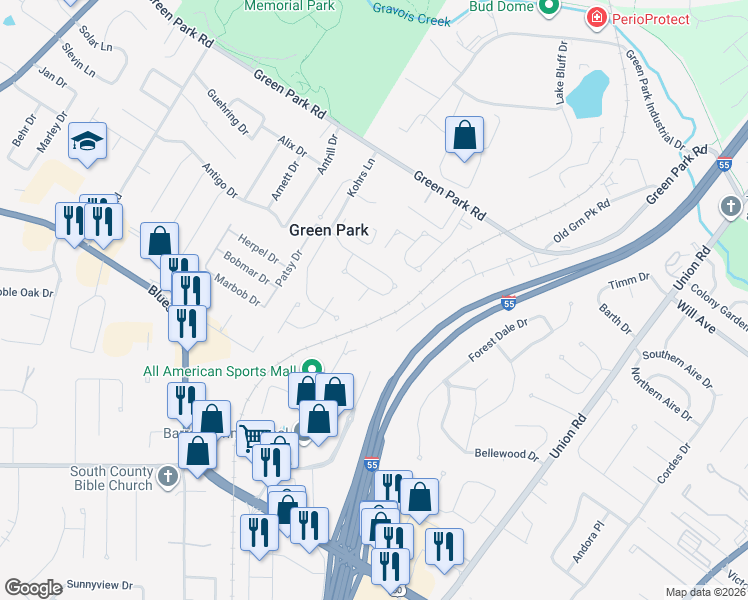 map of restaurants, bars, coffee shops, grocery stores, and more near 9357 Southtowne Farms Drive in St. Louis