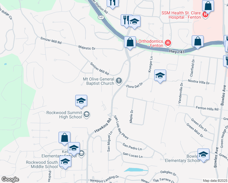 map of restaurants, bars, coffee shops, grocery stores, and more near 1825 Hawkins Road in Fenton