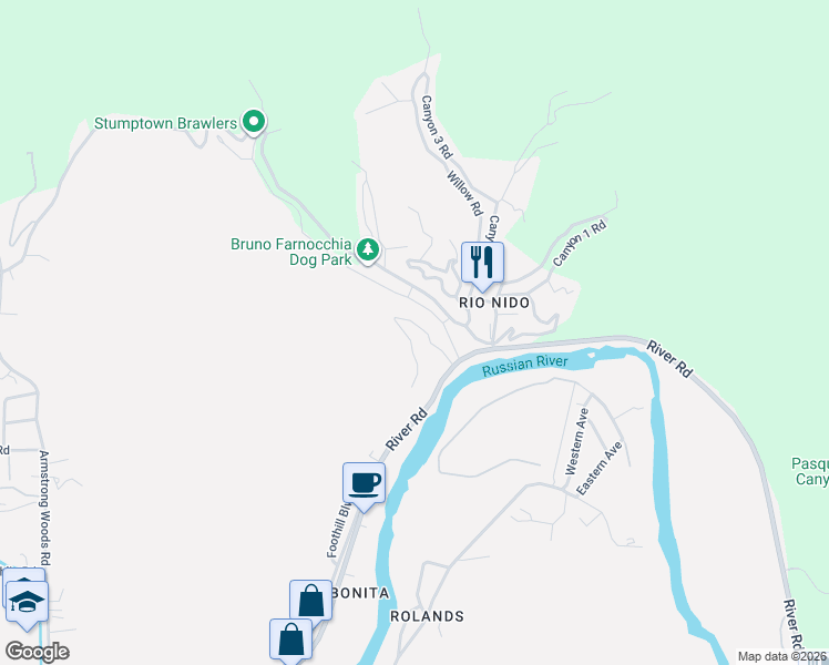 map of restaurants, bars, coffee shops, grocery stores, and more near 14750 Eagle Nest Lane in Guerneville