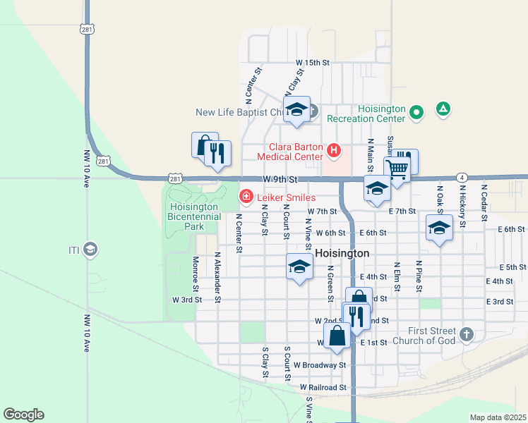 map of restaurants, bars, coffee shops, grocery stores, and more near 501 West 7th Street in Hoisington