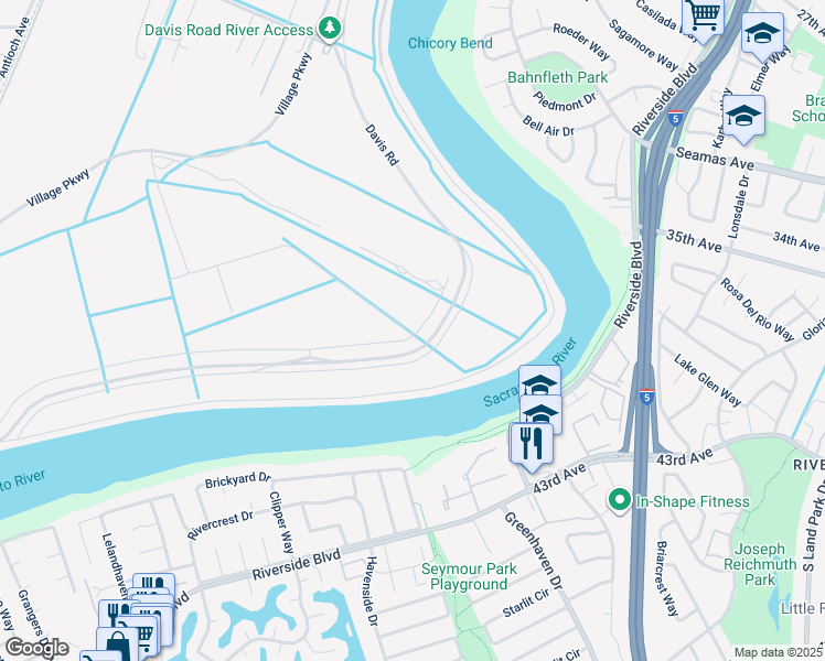 map of restaurants, bars, coffee shops, grocery stores, and more near 4310 South River Road in West Sacramento