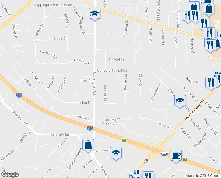 map of restaurants, bars, coffee shops, grocery stores, and more near 12154 Blackhall Drive in Sappington