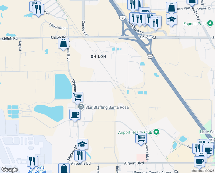 map of restaurants, bars, coffee shops, grocery stores, and more near 1150 Kittyhawk Boulevard in Santa Rosa