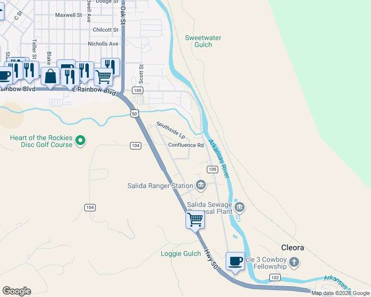 map of restaurants, bars, coffee shops, grocery stores, and more near 6953 County Road 105 in Salida