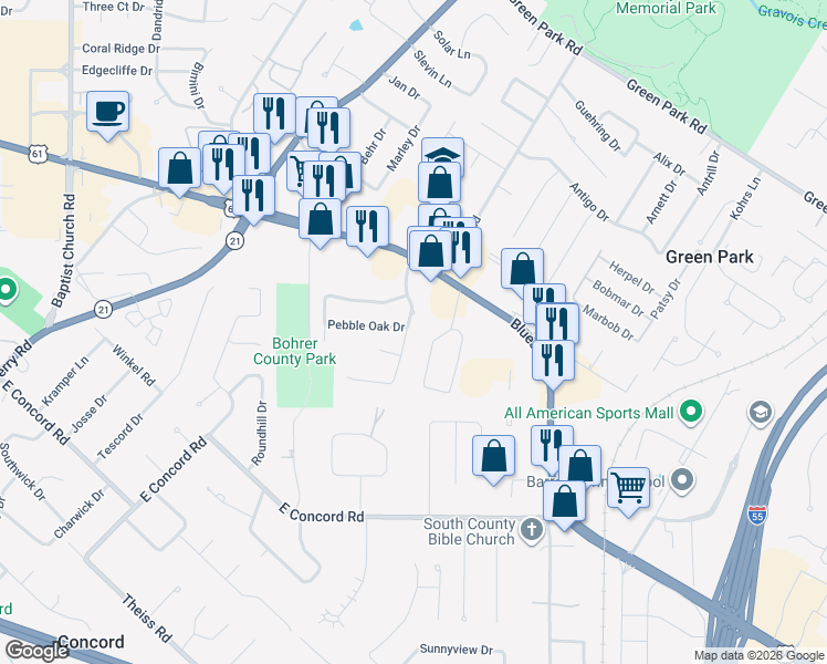 map of restaurants, bars, coffee shops, grocery stores, and more near 11344 5 Oaks Parkway in Saint Louis