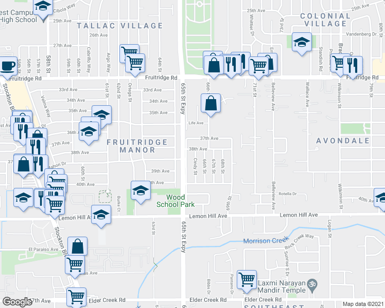map of restaurants, bars, coffee shops, grocery stores, and more near 5848 Cindy Street in Sacramento