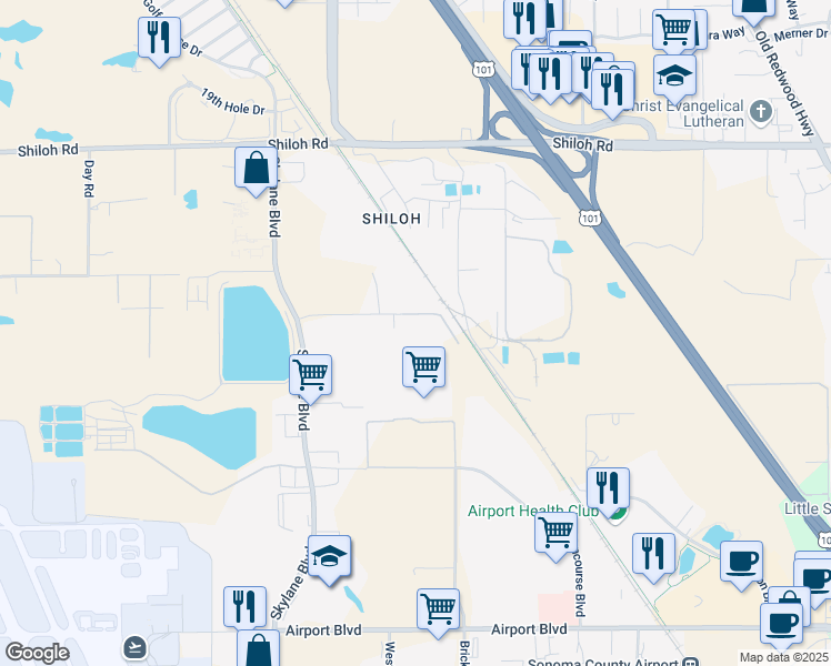 map of restaurants, bars, coffee shops, grocery stores, and more near 1150 Kittyhawk Boulevard in Santa Rosa