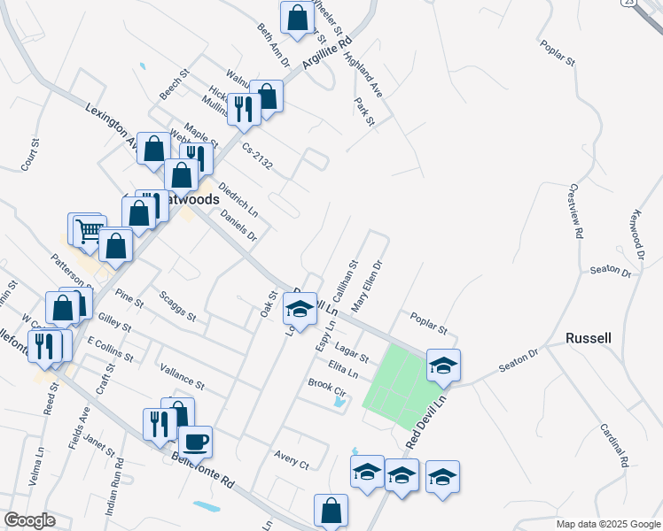 map of restaurants, bars, coffee shops, grocery stores, and more near 1710 Cs-2127 in Flatwoods