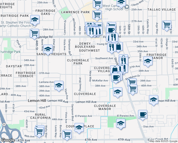 map of restaurants, bars, coffee shops, grocery stores, and more near 5026 Thurman Way in Sacramento