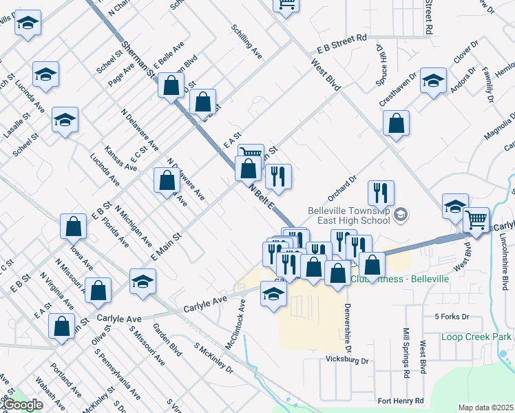 map of restaurants, bars, coffee shops, grocery stores, and more near 52 Orchard View Court in Belleville
