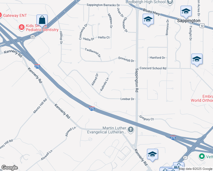 map of restaurants, bars, coffee shops, grocery stores, and more near 10050 Kalinda Lane in St. Louis
