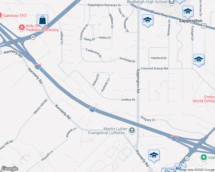 map of restaurants, bars, coffee shops, grocery stores, and more near 10050 Kalinda Lane in St. Louis