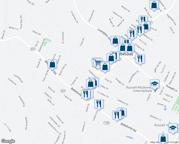 map of restaurants, bars, coffee shops, grocery stores, and more near 1402 Patterson Street in Flatwoods