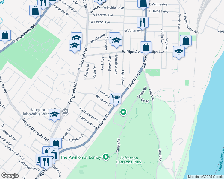 map of restaurants, bars, coffee shops, grocery stores, and more near 227 Carrington Ln in St Louis