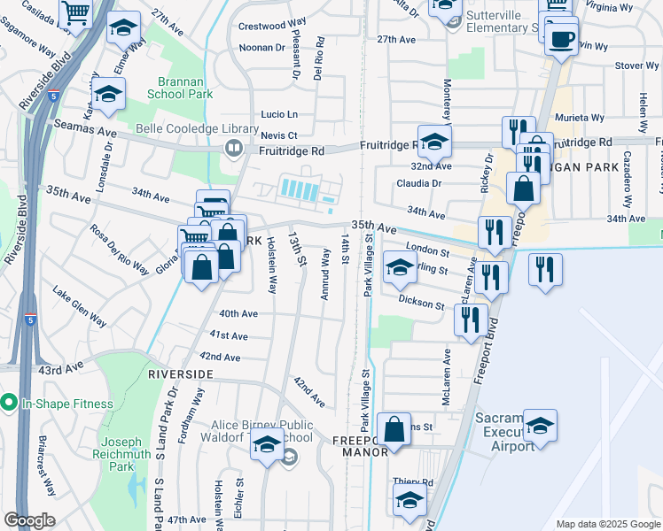 map of restaurants, bars, coffee shops, grocery stores, and more near 5873 Annrud Way in Sacramento