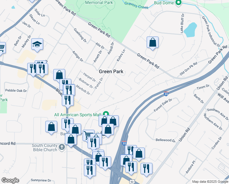 map of restaurants, bars, coffee shops, grocery stores, and more near 9410 Green Park Valley Drive in St. Louis