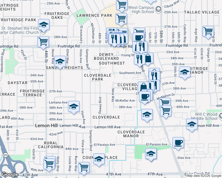 map of restaurants, bars, coffee shops, grocery stores, and more near 5026 Thurman Way in Sacramento