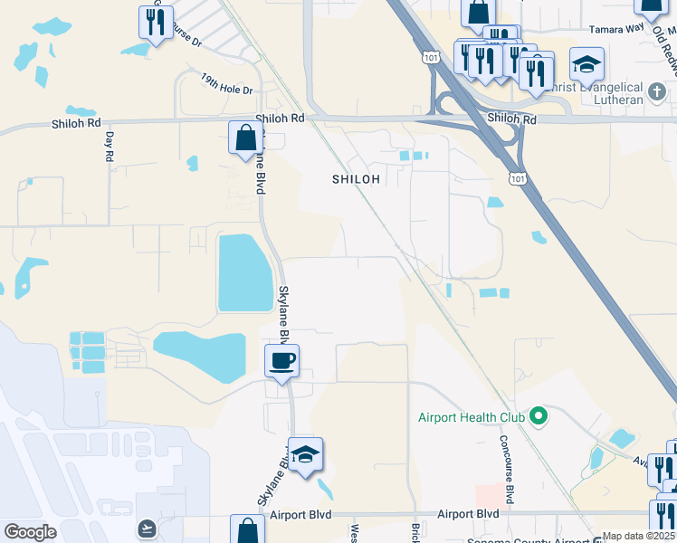 map of restaurants, bars, coffee shops, grocery stores, and more near 1170 Kittyhawk Boulevard in Santa Rosa