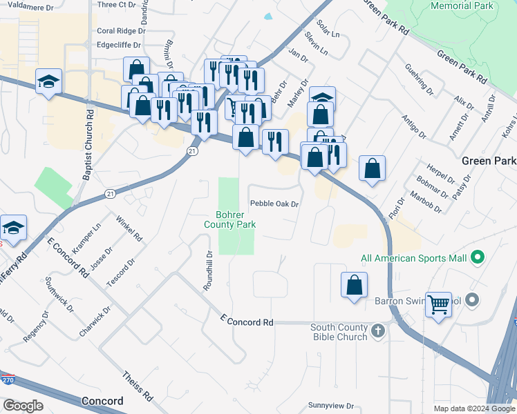 map of restaurants, bars, coffee shops, grocery stores, and more near 5808 Pebble Oak Drive in St. Louis