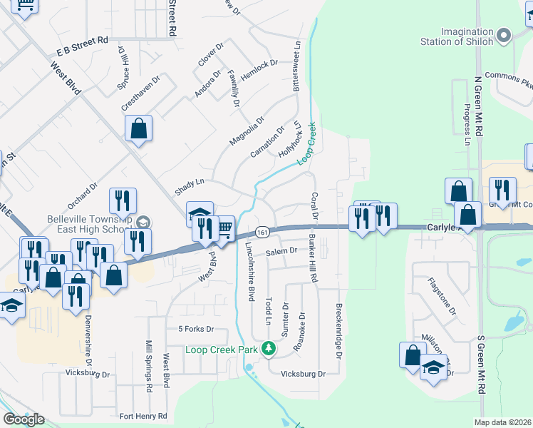 map of restaurants, bars, coffee shops, grocery stores, and more near 4 Shady Lane in Belleville