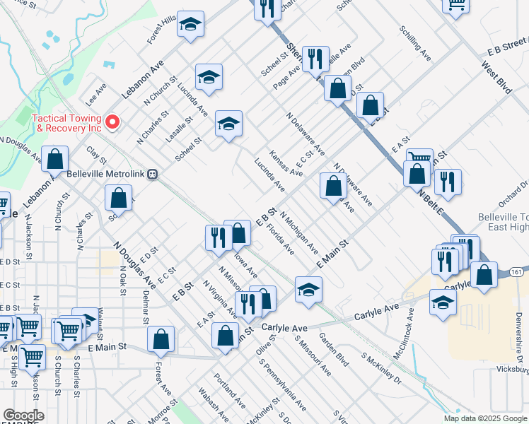 map of restaurants, bars, coffee shops, grocery stores, and more near 139 North Michigan Avenue in Belleville