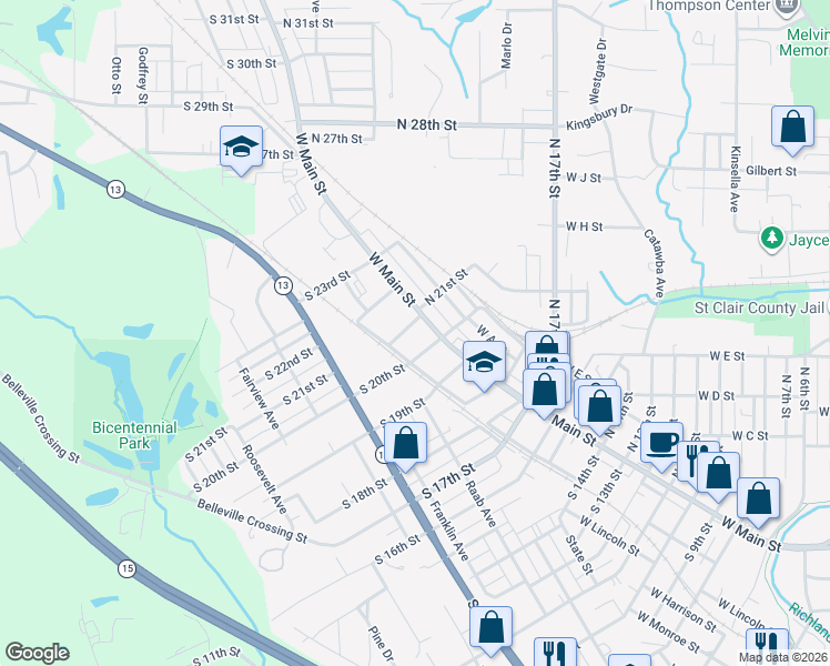 map of restaurants, bars, coffee shops, grocery stores, and more near 18 South 21st Street in Belleville