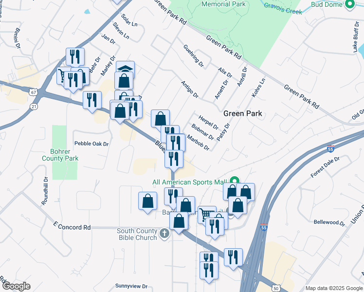 map of restaurants, bars, coffee shops, grocery stores, and more near 11216 Flori Drive in St. Louis