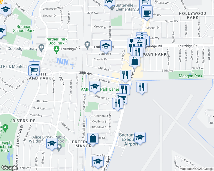 map of restaurants, bars, coffee shops, grocery stores, and more near 1519 Sterling Street in Sacramento