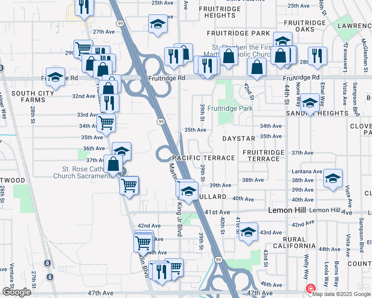 map of restaurants, bars, coffee shops, grocery stores, and more near 5844 Mascot Avenue in Sacramento