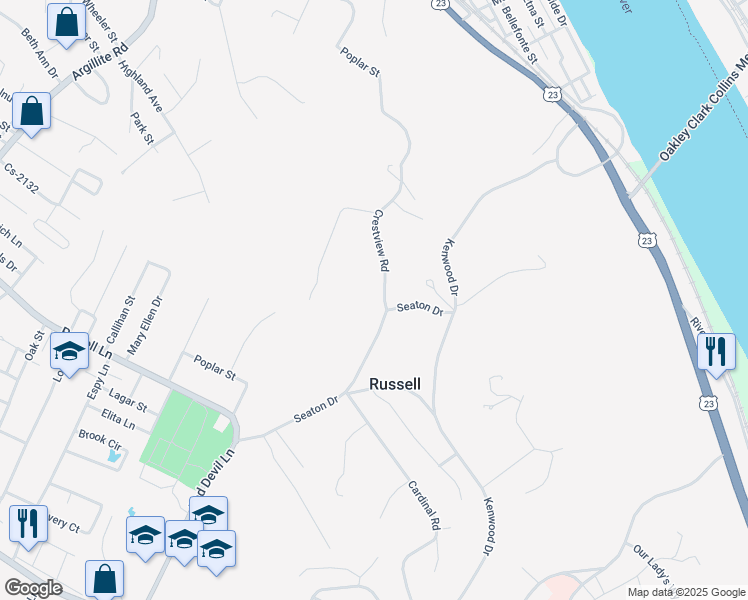 map of restaurants, bars, coffee shops, grocery stores, and more near 100 Crestview Road in Russell