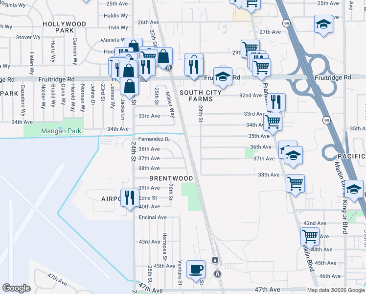 map of restaurants, bars, coffee shops, grocery stores, and more near 2509 Fernandez Drive in Sacramento