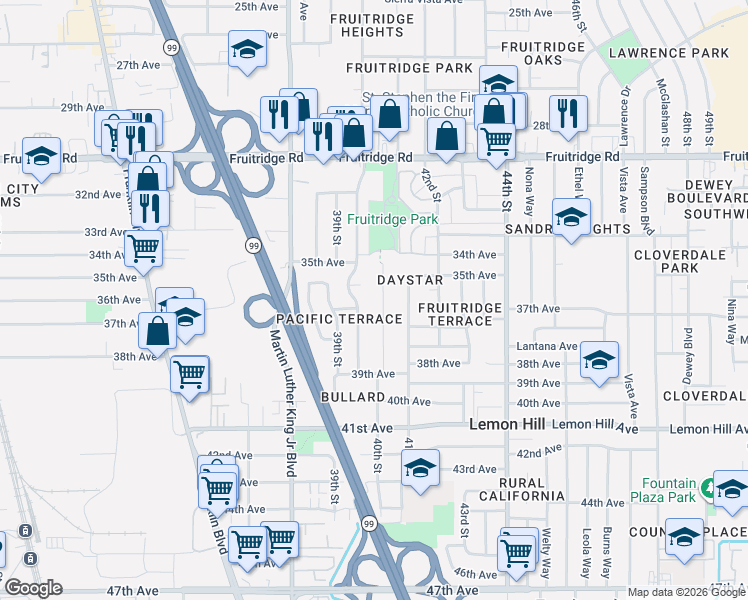 map of restaurants, bars, coffee shops, grocery stores, and more near 5834 40th Street in Sacramento