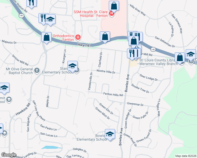 map of restaurants, bars, coffee shops, grocery stores, and more near 18 Hurstfield Court in Fenton