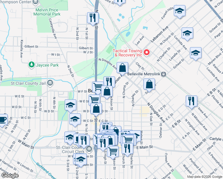 map of restaurants, bars, coffee shops, grocery stores, and more near 208 Lebanon Avenue in Belleville