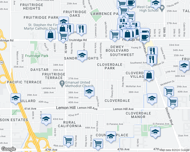 map of restaurants, bars, coffee shops, grocery stores, and more near 5836 Vista Avenue in Sacramento