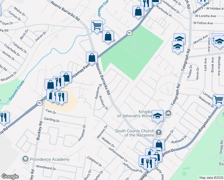 map of restaurants, bars, coffee shops, grocery stores, and more near 1101 Reavis Barracks Road in St. Louis